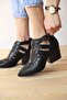 Valen Women's Laser Star Patterned Buckle Adjustable Back Zipper Shoes Matte Black
