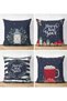 Set of 4 Double Sided Dark Blue Colored Happy New Year Themed Digital Printed Suede Throw Pillow Covers
