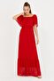 Collar, Long, Chiffon, Red Dress - 3