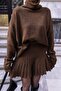 Women's Turtleneck Knitwear Skirt Set Brown
