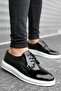 Men's Black White Patent Leather Lace-Up Casual Daily Shoes High Thick Sole Light Comfortable Sole Sneaker - 2