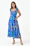 Women's blue floral print square neck midi dress with backless detail, bow tie strap design - style 105 - 7