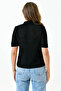 Women's knitted black fabric button-down blouse with braided hair design and short sleeves - style 23070 - 3