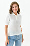Women's knitted white fabric button-down blouse with braided hair design and short sleeves - style 23070 - 4
