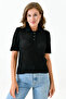 Women's knitted black fabric button-down blouse with braided hair design and short sleeves - style 23070 - 4
