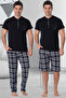 100% Cotton Short Sleeve 3-Piece (Short-Long Single Bottom-Short Sleeve T-Shirt) Men's Pajama Set