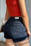 Women's Dark Blue Washed Mom Fit High Waist Lycra Jean Shorts Lily-Kymavi̇ - 8