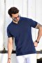 Cobalt Blue/black Eyelet Patterned Polo Collar 100% Cotton Men's Knitwear T-shirt - 5