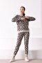 Women's Beige Brown Leopard Patterned Crew Neck Cashmere Knitwear Sweater - 4