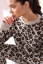 Women's Beige Brown Leopard Patterned Crew Neck Cashmere Knitwear Sweater - 2