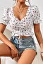 Women's white cherry print ruched blouse - 2