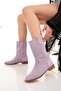 Lilac Suede Laser Cut Perforated Short Heeled Casual Summer Short Boots - 3