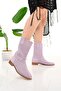 Lilac Suede Laser Cut Perforated Short Heeled Casual Summer Short Boots - 4
