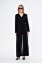 Women's Black Pocket Elastic Waist Long Sleeve Round Neck Buttoned Viscose Comfortable Jumpsuit7003297320 - 7