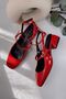 Women's Mary Jane Red Patent Leather Open Back Square Toe Helmet Short Block Heeled Shoes - 2