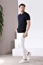 Navy Blue Polo Collar Zippered 100% Cotton Men's Knitwear T-shirt - 2