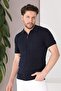 Navy Blue Polo Collar Zippered 100% Cotton Men's Knitwear T-shirt - 3