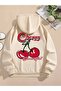 Unisex Cherry Printed Oversized Winter 3-Thread 100% Cotton Hooded Sweatshirt Hoodie