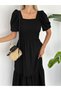 BLACK GILE CRINKLED SQUARE NECK BALLOON SLEEVE WOMEN'S DRESS - 2