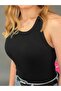 Women's Black Lycra Corded Cotton Halter Collar Knitted Crop - 2
