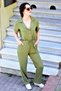 Women's 2622145 Khaki Pocketed, Drawstring Waist, Belted, Short Sleeve, Linen Look Jacket Collar Casual Overalls