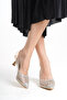 Women's Gold Heeled Stone Evening Dress Shoes - 5