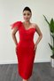 Satin Fabric Strapless Tulle Detailed Pencil Dress - Red - 3