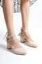 New Drawstring Beige Skin Short Heeled Shoes - 3