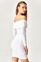 White Carmen Collar Long Sleeve Knitted Dress - 4