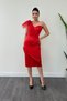 Satin Fabric Strapless Tulle Detailed Pencil Dress - Red - 2
