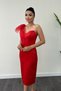 Satin Fabric Strapless Tulle Detailed Pencil Dress - Red - 4