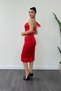 Satin Fabric Strapless Tulle Detailed Pencil Dress - Red - 5