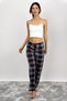 Women's Cotton Plaid Pattern Sleepwear Sweatpants with Ribbon Dark Navy Blue