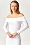 White Carmen Collar Long Sleeve Knitted Dress - 3
