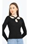 Black Long Sleeve Blouse with Drop Cut Detail - 3