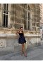 Poplin Mini Navy Blue Dress - Balloon Skirt, Square Collar and Thick Straps - 2