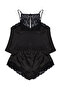 Siyah Dantelli İp Askılı Saten Şortlu Dokuma Pijama Takımı THMSS22PT0269 - 8