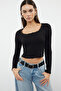 Black Square Neck Lace Detailed Crop/Short Knitted Blouse Twoaw25Bz00007 - 9