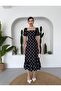 Black Polka Dot Square Collar Draped Lined Dress