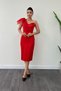 Satin Fabric Strapless Tulle Detailed Pencil Dress - Red