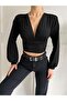 Women's Black Long Sleeve Crop Bustier Stylish Blouse - 2