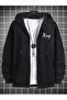 King Text Printed Thick Winter Unisex-Black Oversize Hooded Zipper Pocket Detailed Cardigan - 2