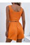 Women's Orange Ribbed Shorts Crop Bottom Top Set - 2