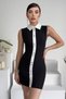 Women's black satin sleeveless mini dress with shirt collar, button detail, and ribbon accents - style 269 - 2