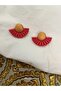 Custom designed, handmade polymer clay metallic red fan-shaped earrings with gold details, from the neighboring village. - 3