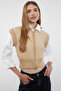 Beige Soft Textured Stand Collar Zippered Regular Knitwear Vest Twoaw25Ye00033