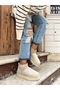 BEIGE COLOR THICK SOLE FEATHER ANKLE BOOTS
