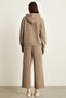 Eludne Women's Embroidered Hooded Kangaroo Pocket 3 Thread Ribbed Mink Sweatshirt - 6
