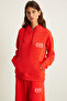 Eludne Women's Embroidered Hooded Kangaroo Pocket 3 Thread Raised Red Sweatshirt - 5