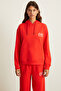 Eludne Women's Embroidered Hooded Kangaroo Pocket 3 Thread Raised Red Sweatshirt - 2